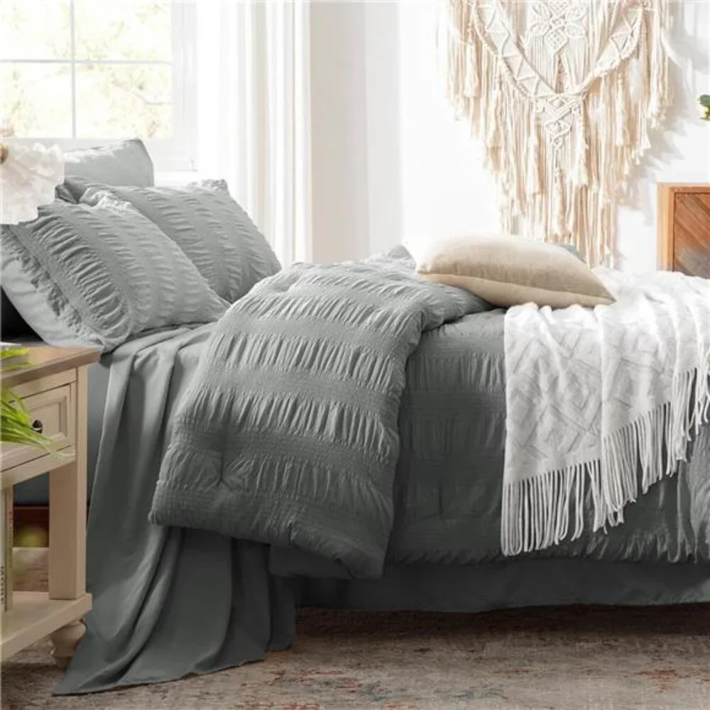 New Full Comforter Set 7 Pieces, Grey Seersucker Bed in a Bag with Comforter